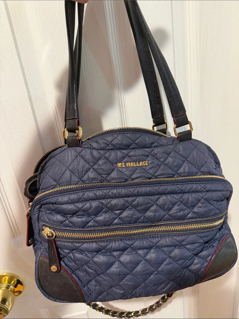 MZ Wallace Navy Quilted Shoulder Bag with Black Straps